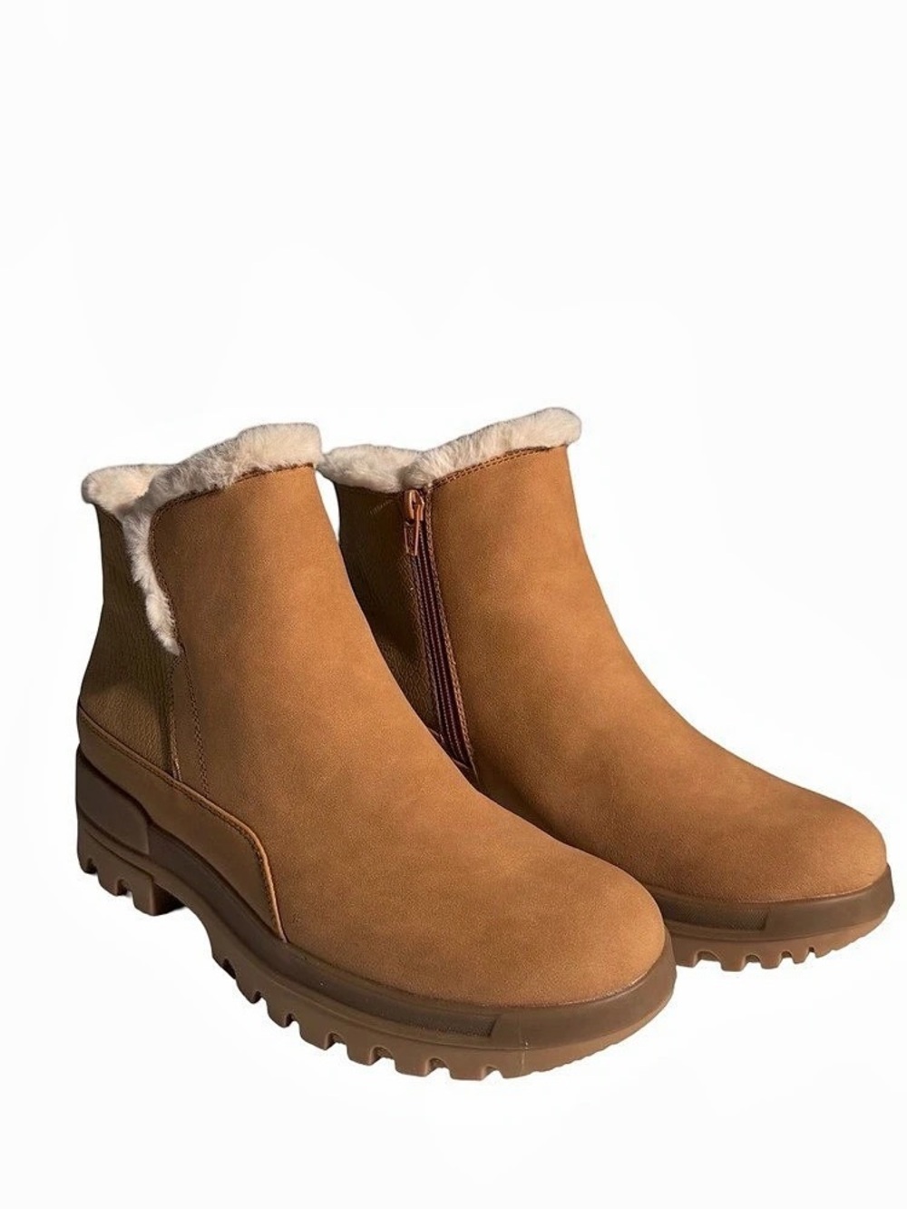 Baretraps Noemi Women’s Cognac Faux Fur Ankle Boots Size 9.5 M Lug Sole